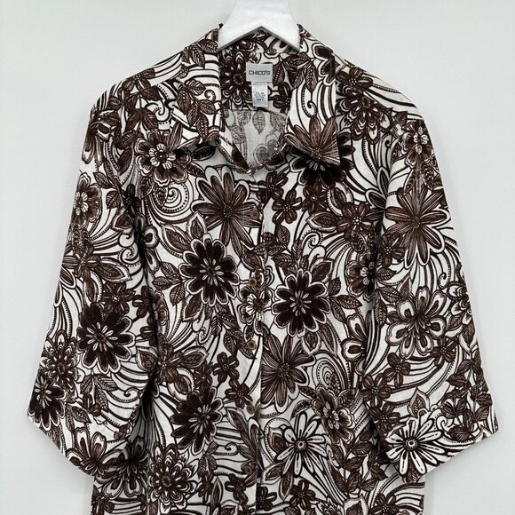 Chicos Size 3 US‎ XL 16 18 Top Shirt Shacket 100% Linen Brown Floral 3/4 Sleeve - Picture 2 of 12